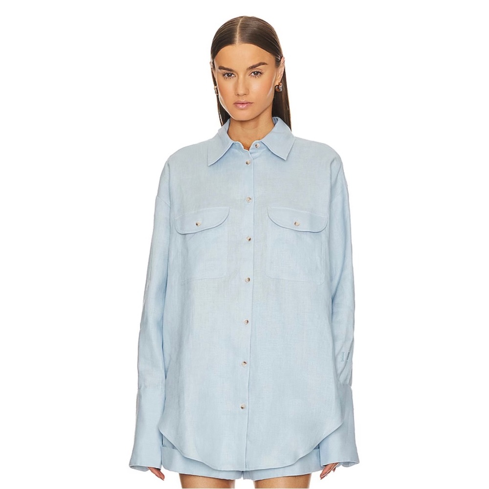 Helsa Linen Button Down Shirt in Chambray Blue